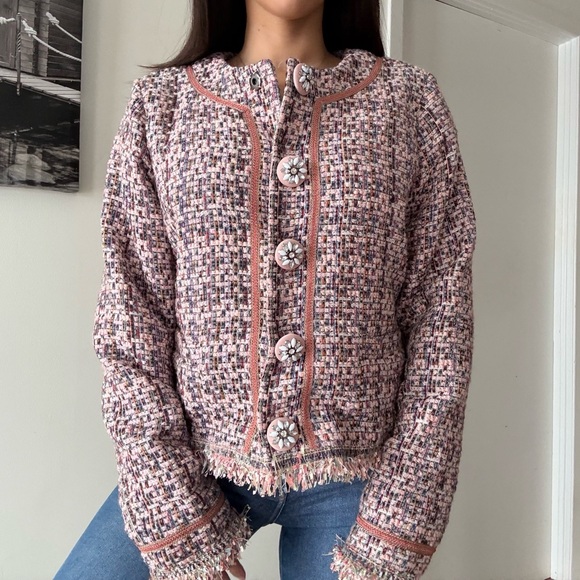 EsQualo Tweed Cropped Jacket Pink Preppy Chic Statement Buttons - Picture 2 of 13